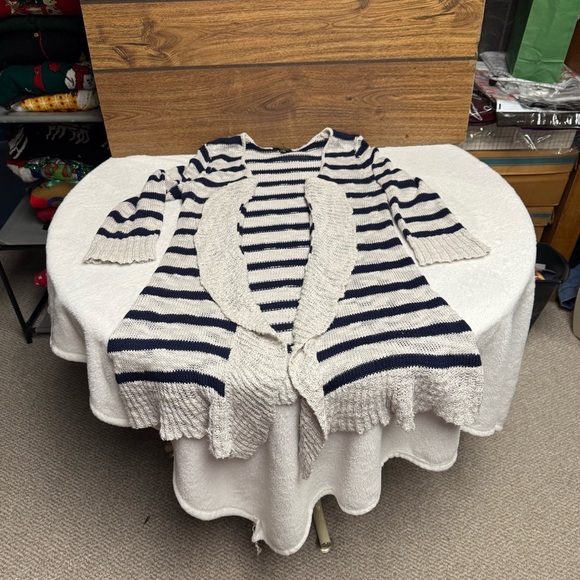 Cupio size small gray/blue duster length Striped Open-Front Cardigan Sweater - Picture 2 of 6